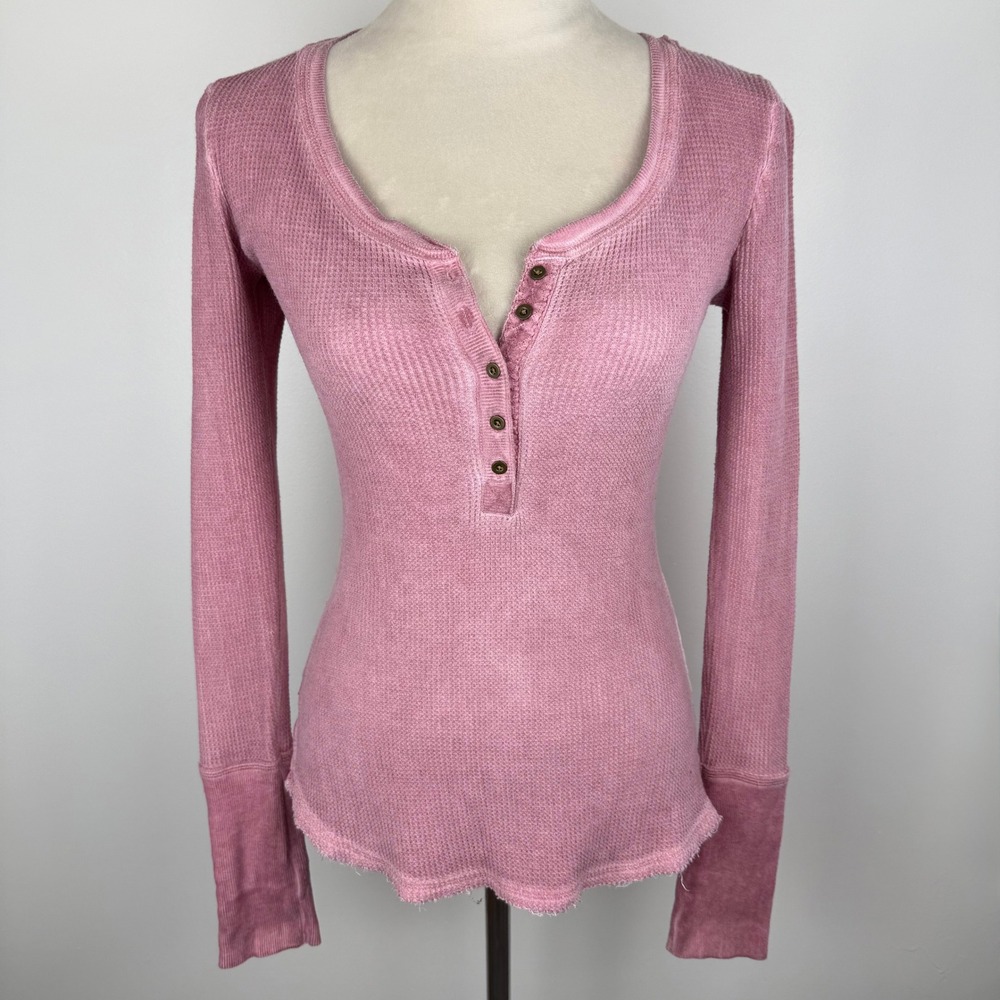 Y2K Abercrombie & Fitch 1892 Coll. Pink Waffle Knit Henley Long Sleeve Top Sz Sm